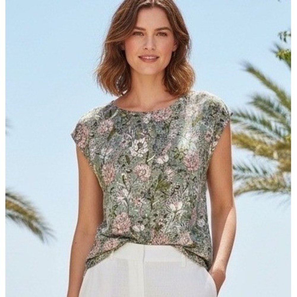 Joie‎ Floral Linen Cap Sleeve Top Green Pink White Casual Women's Small Coastal